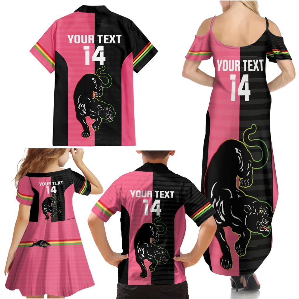 Custom Panthers Rugby Family Matching Summer Maxi Dress and Hawaiian Shirt Black Pink Color Sporty Style