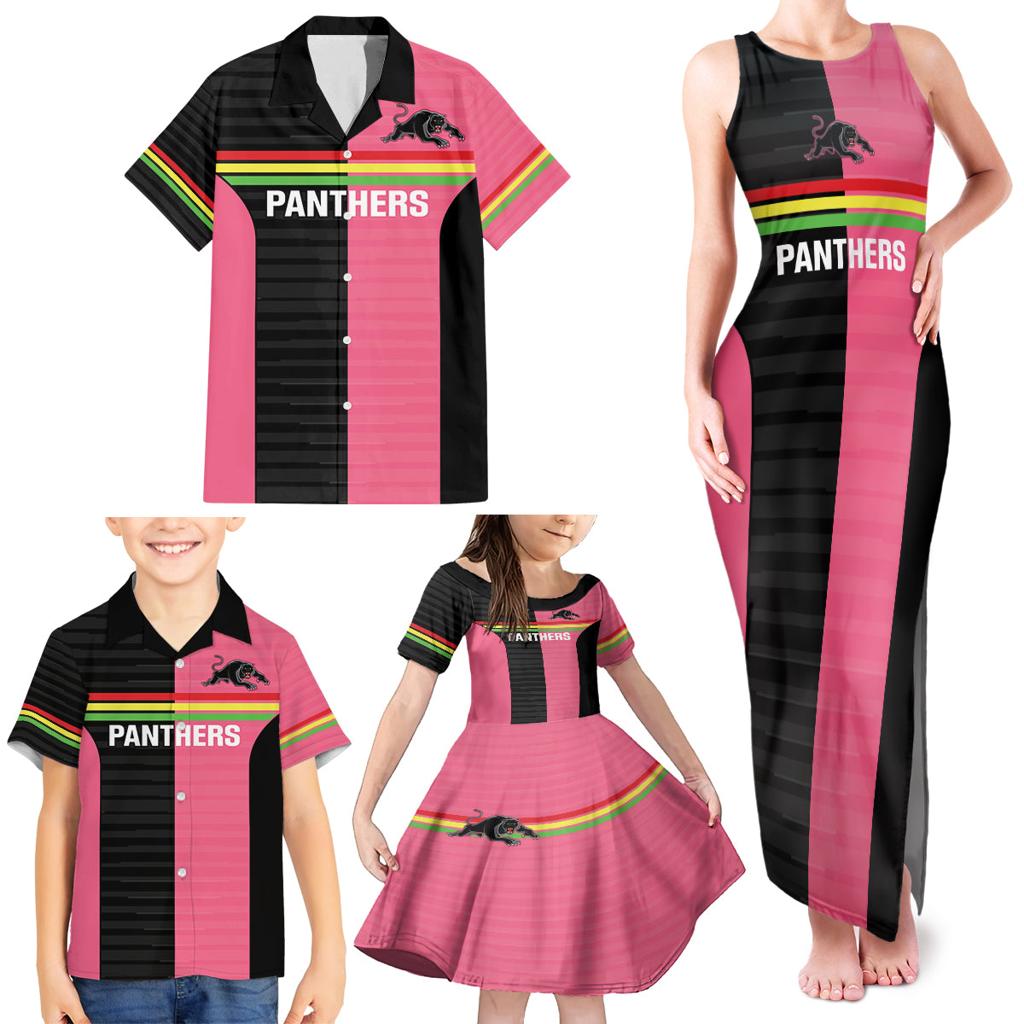Custom Panthers Rugby Family Matching Tank Maxi Dress and Hawaiian Shirt Black Pink Color Sporty Style