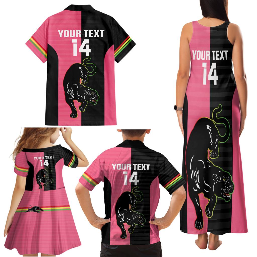 Custom Panthers Rugby Family Matching Tank Maxi Dress and Hawaiian Shirt Black Pink Color Sporty Style