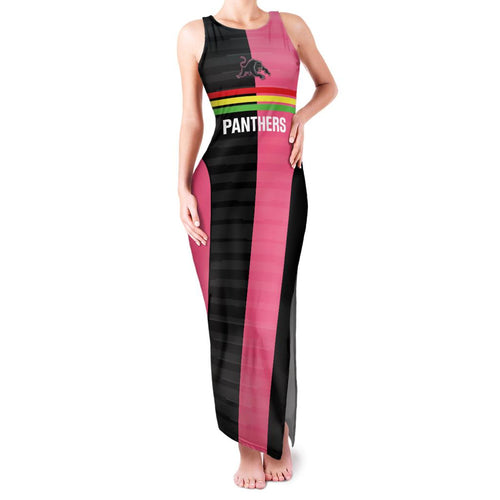 Custom Panthers Rugby Family Matching Tank Maxi Dress and Hawaiian Shirt Black Pink Color Sporty Style
