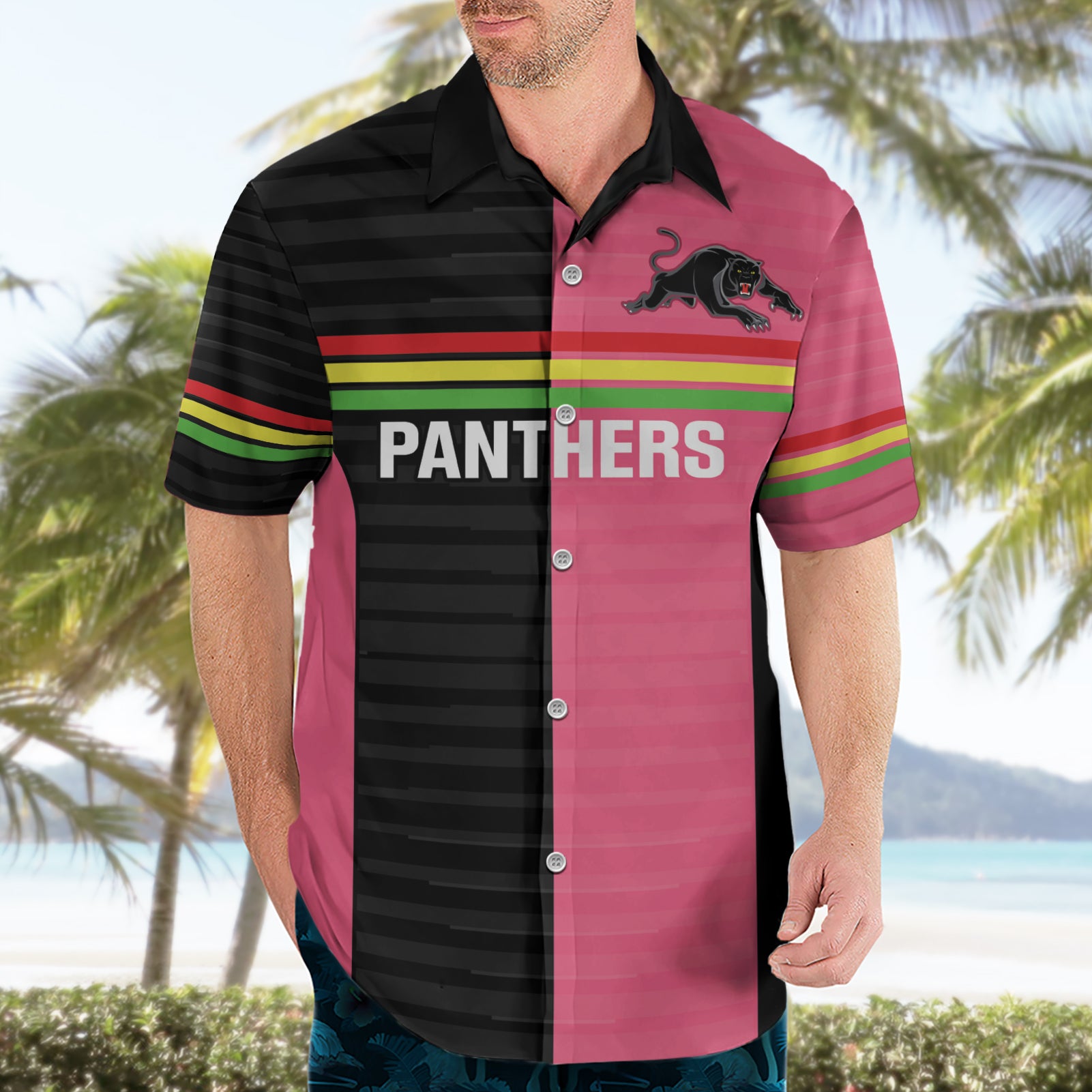 Custom Panthers Rugby Hawaiian Shirt Black Pink Color Sporty Style