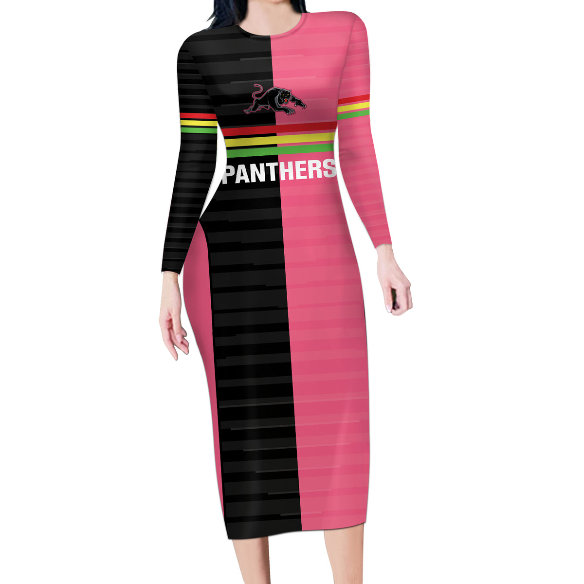 Custom Panthers Rugby Long Sleeve Bodycon Dress Black Pink Color Sporty Style
