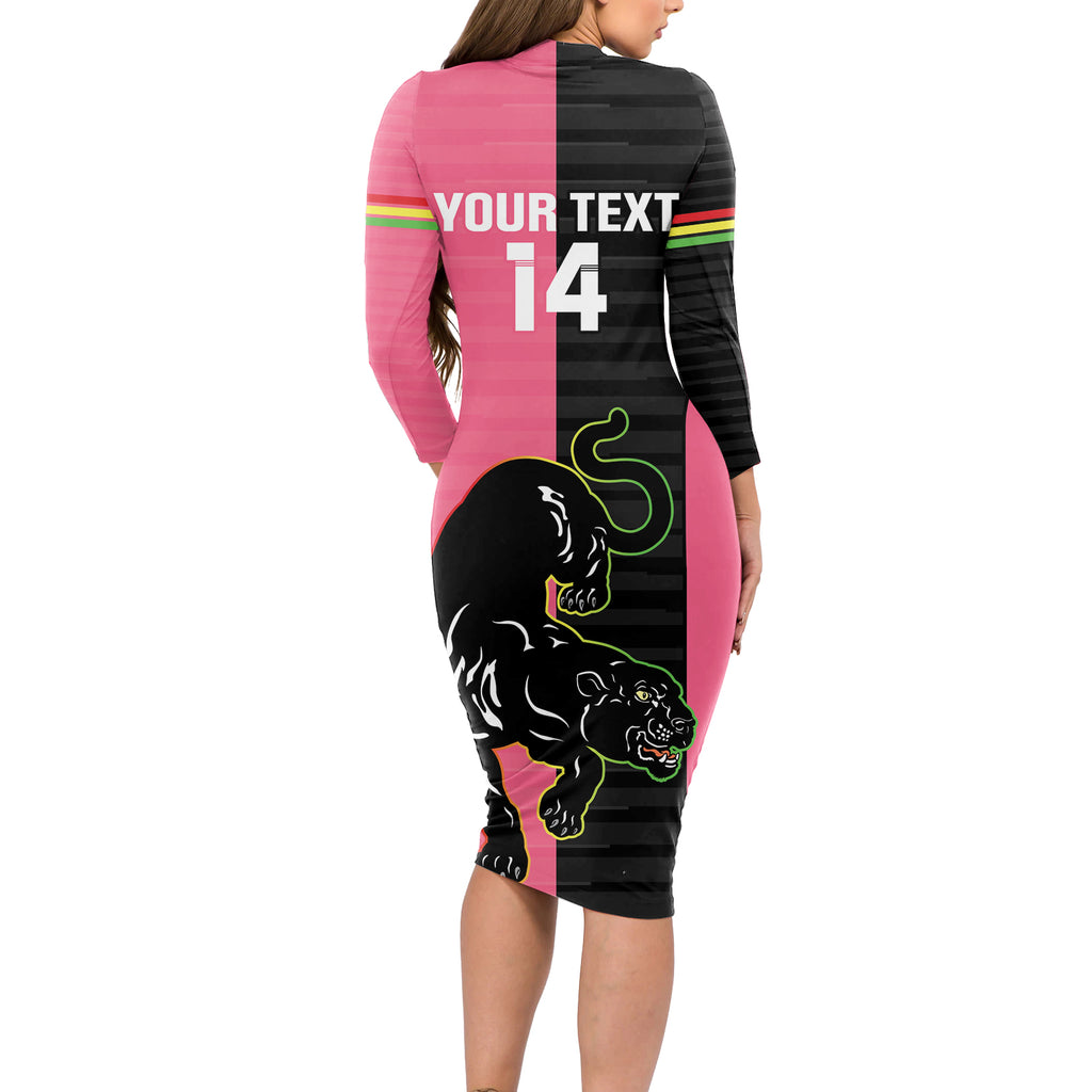 Custom Panthers Rugby Long Sleeve Bodycon Dress Black Pink Color Sporty Style