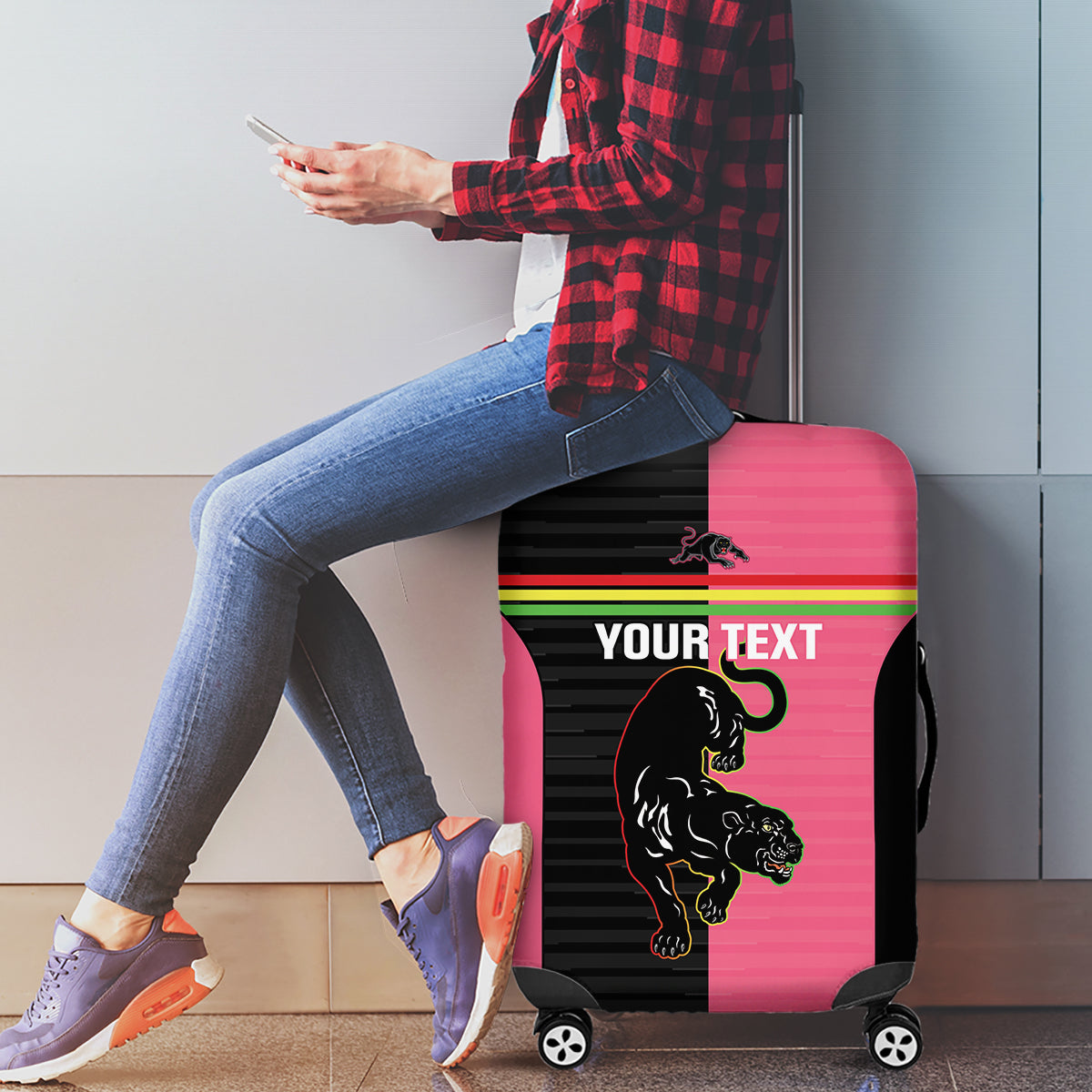 Custom Panthers Rugby Luggage Cover Black Pink Color Sporty Style