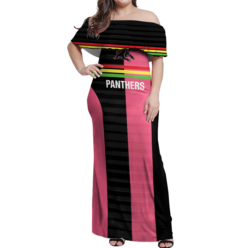 Custom Panthers Rugby Off Shoulder Maxi Dress Black Pink Color Sporty Style