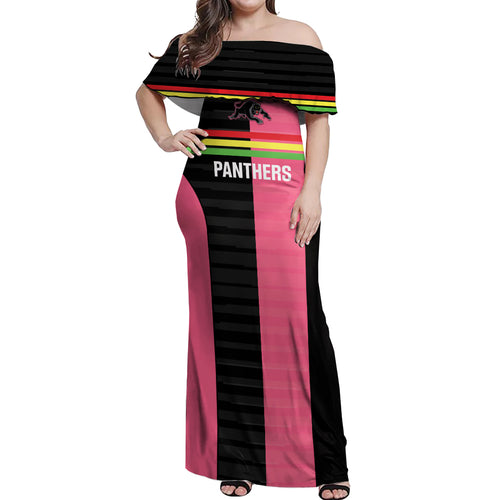 Custom Panthers Rugby Off Shoulder Maxi Dress Black Pink Color Sporty Style
