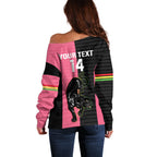 Custom Panthers Rugby Off Shoulder Sweater Black Pink Color Sporty Style