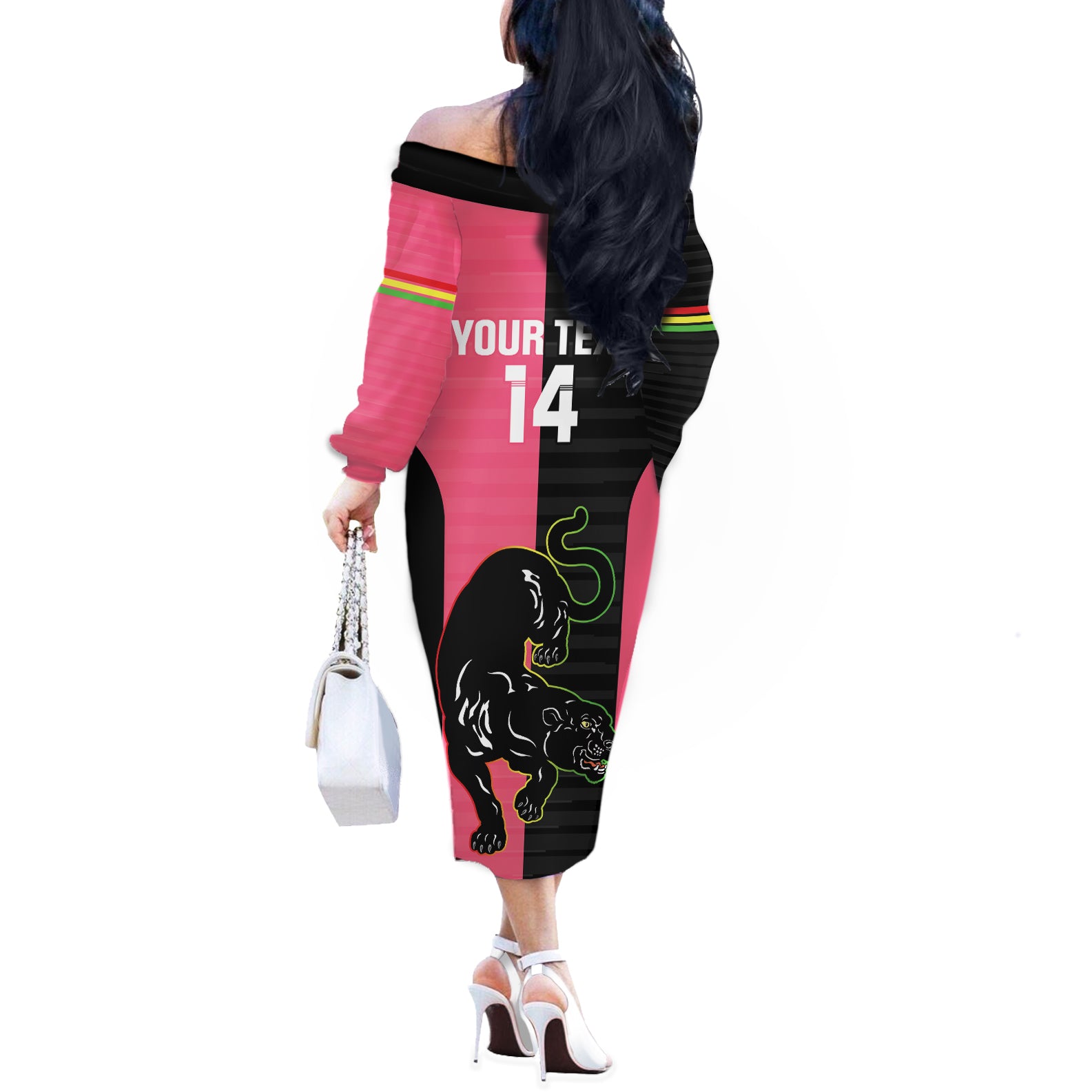 Custom Panthers Rugby Off The Shoulder Long Sleeve Dress Black Pink Color Sporty Style