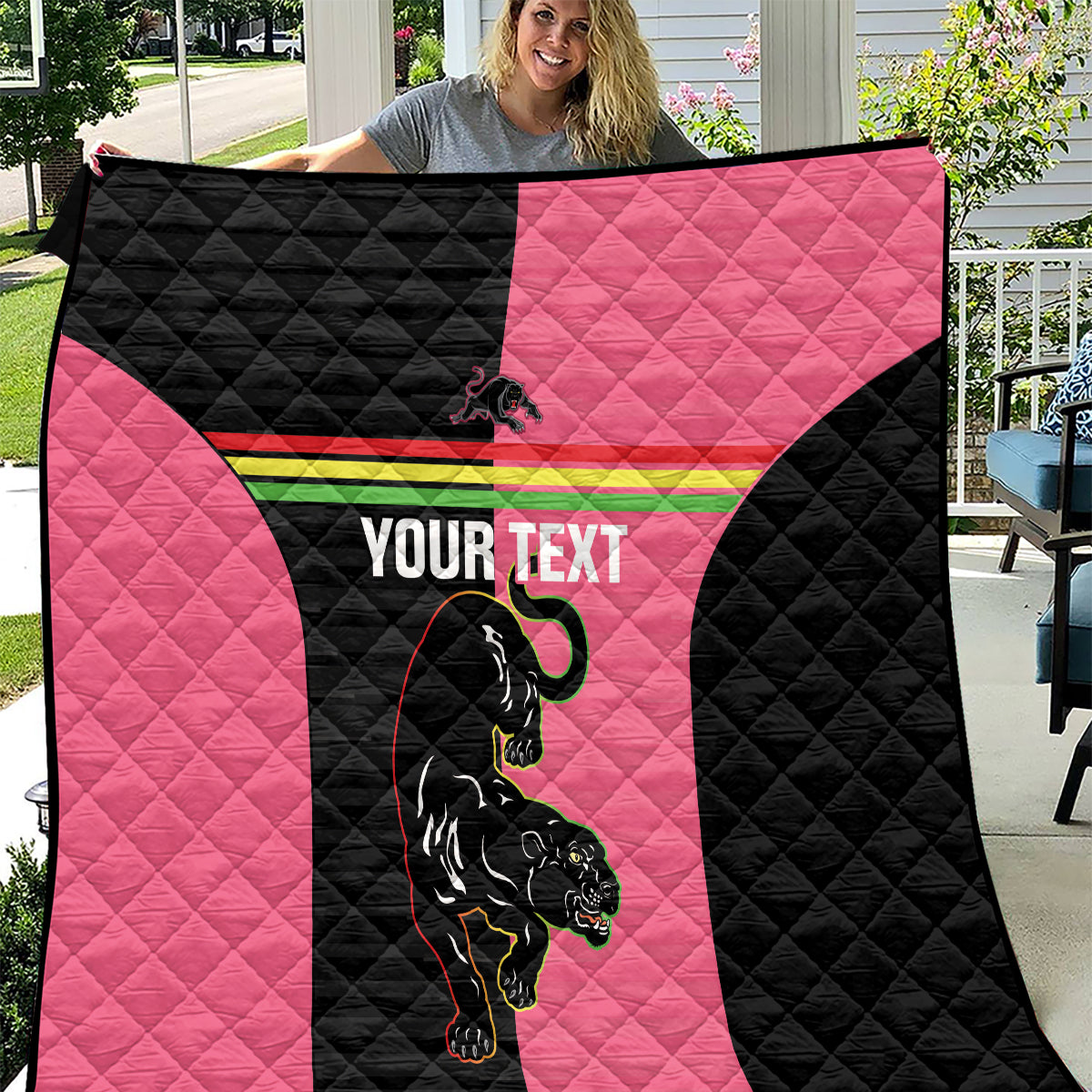 Custom Panthers Rugby Quilt Black Pink Color Sporty Style