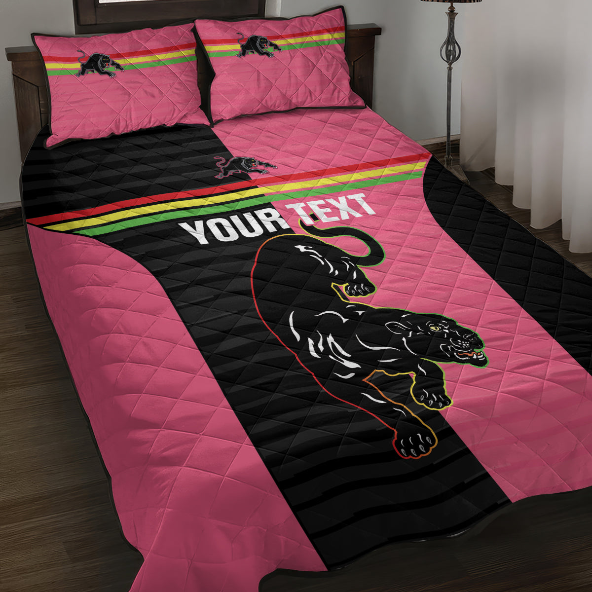 Custom Panthers Rugby Quilt Bed Set Black Pink Color Sporty Style