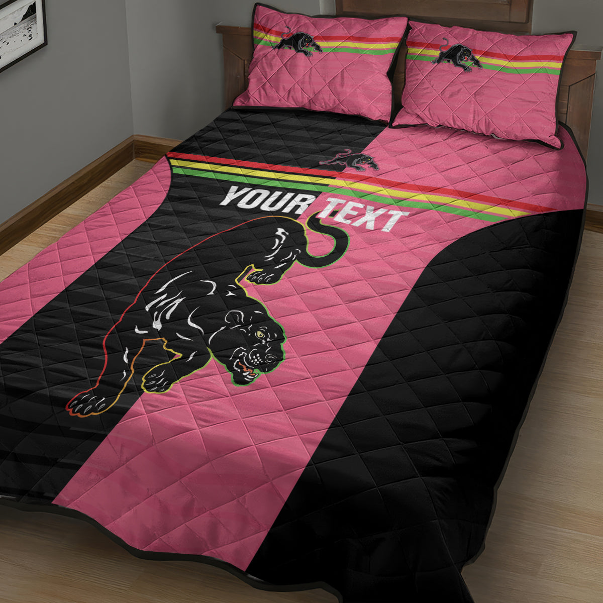 Custom Panthers Rugby Quilt Bed Set Black Pink Color Sporty Style