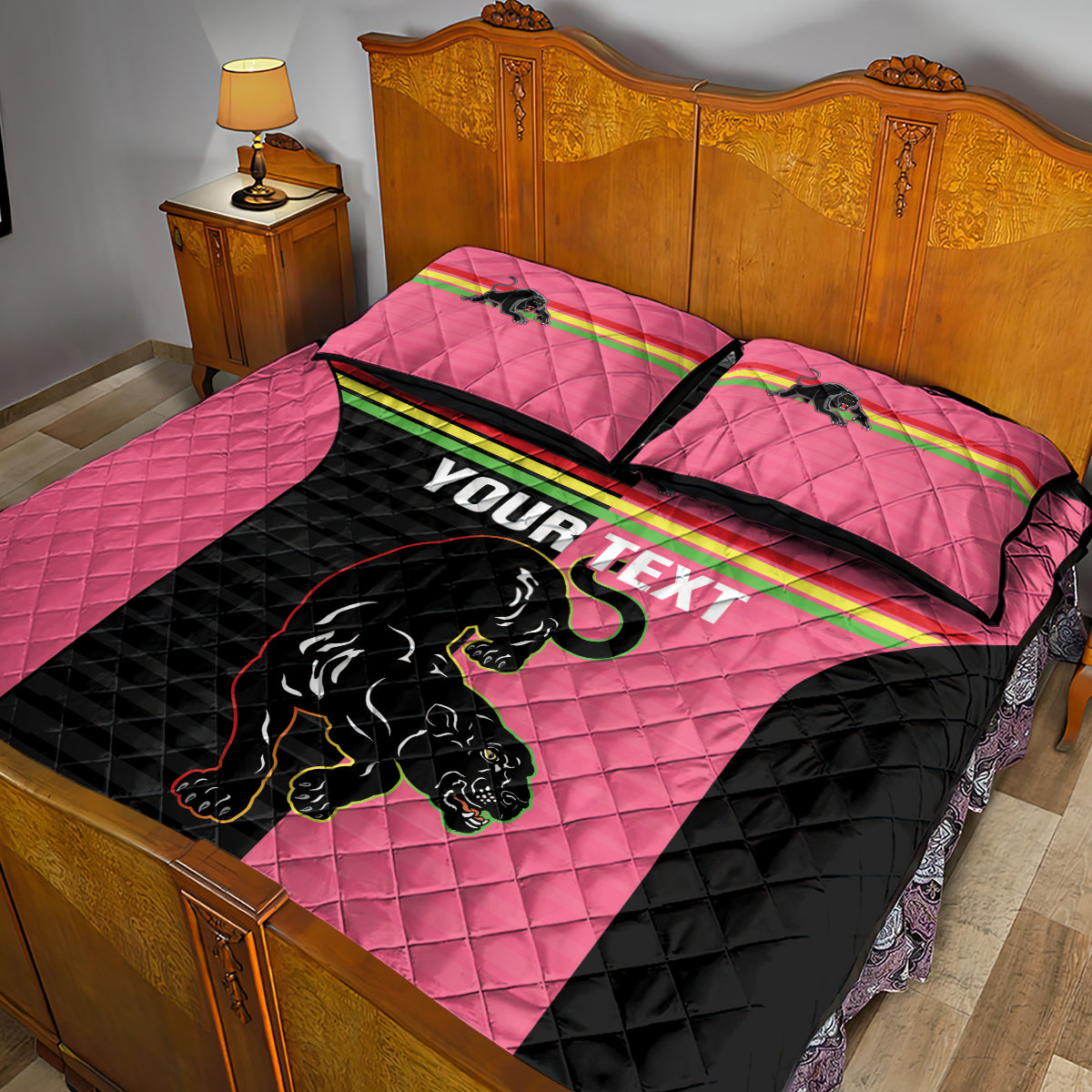 Custom Panthers Rugby Quilt Bed Set Black Pink Color Sporty Style