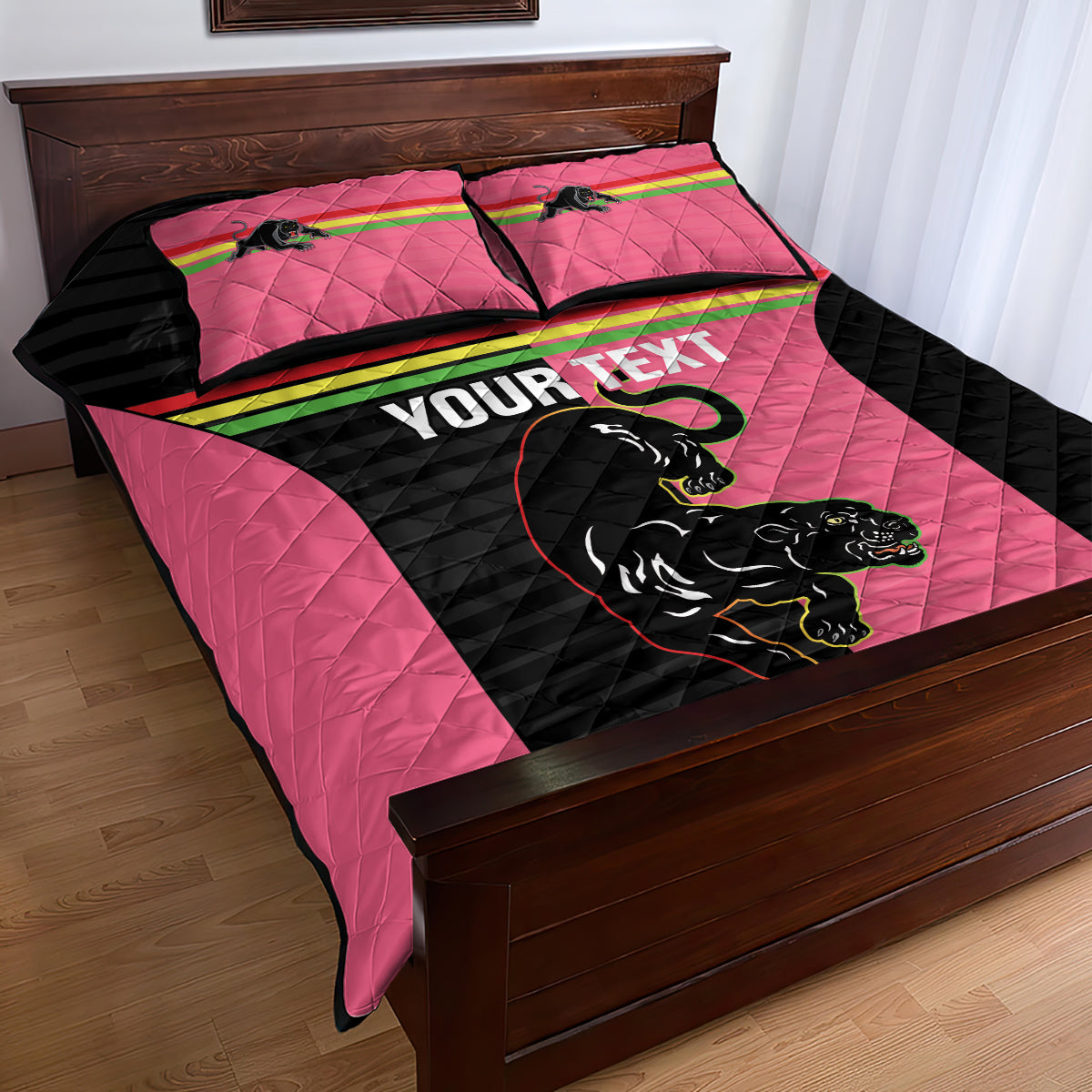 Custom Panthers Rugby Quilt Bed Set Black Pink Color Sporty Style