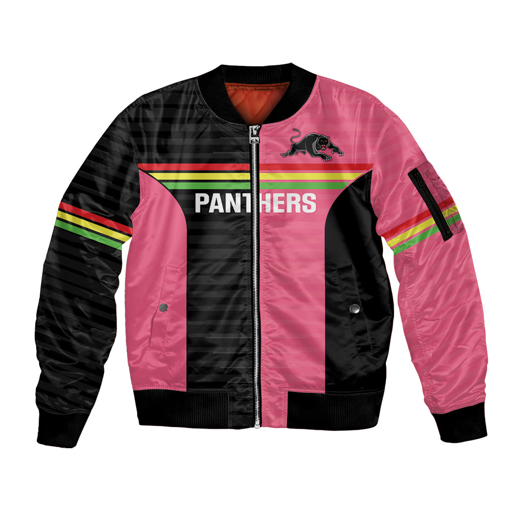 Custom Panthers Rugby Sleeve Zip Bomber Jacket Black Pink Color Sporty Style