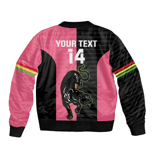 Custom Panthers Rugby Sleeve Zip Bomber Jacket Black Pink Color Sporty Style