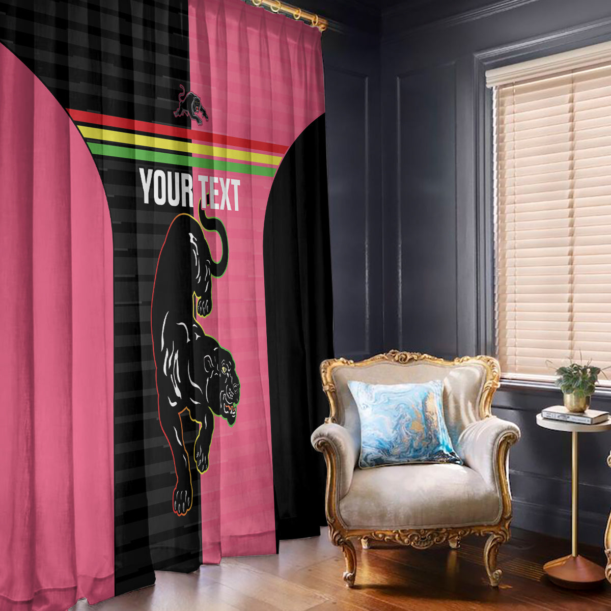 Custom Panthers Rugby Window Curtain Black Pink Color Sporty Style