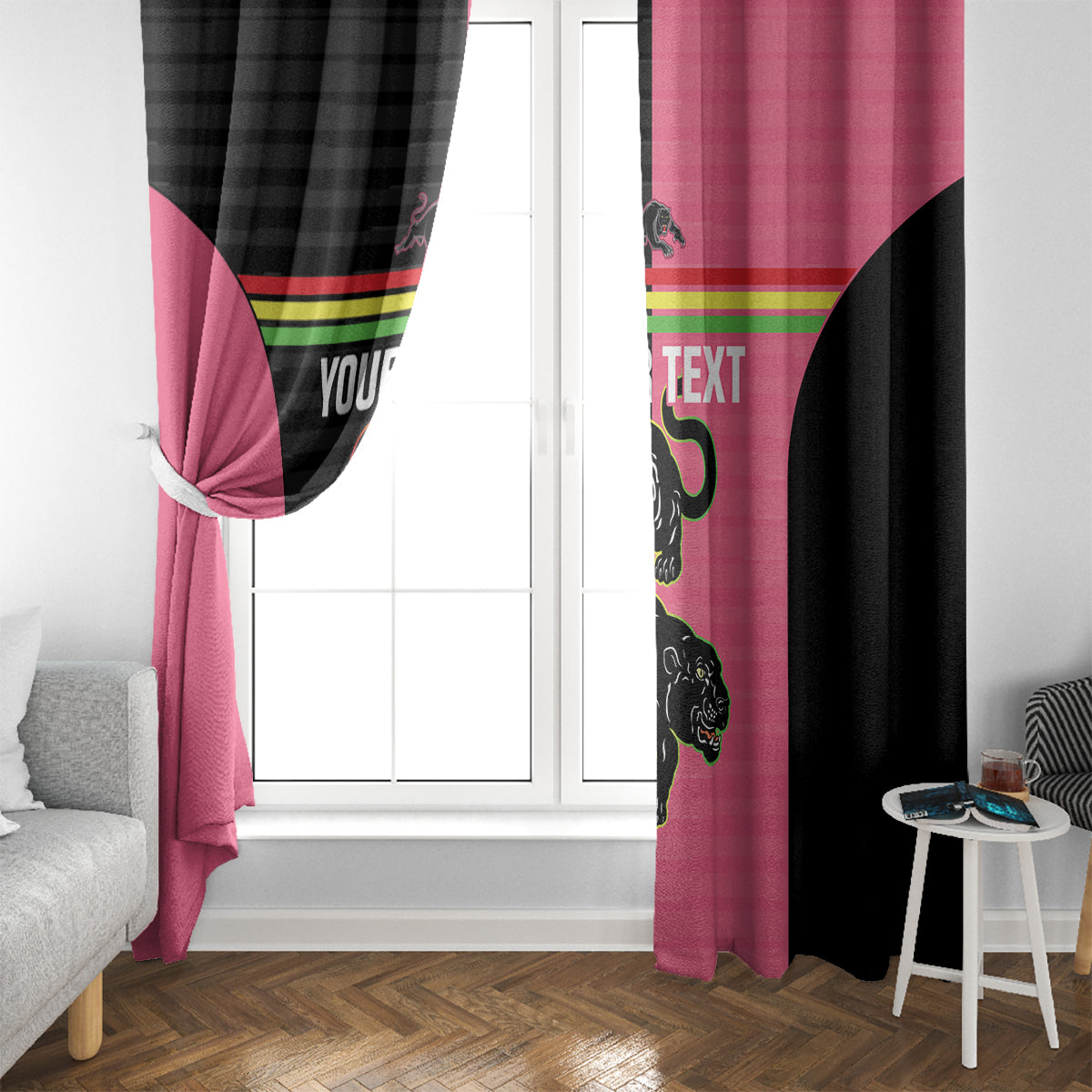 Custom Panthers Rugby Window Curtain Black Pink Color Sporty Style