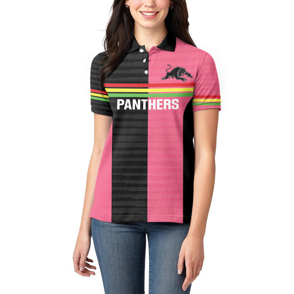 Custom Panthers Rugby Women Polo Shirt Black Pink Color Sporty Style