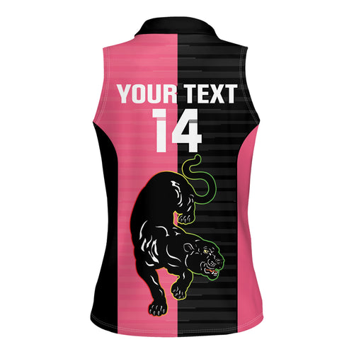 Custom Panthers Rugby Women Sleeveless Polo Shirt Black Pink Color Sporty Style