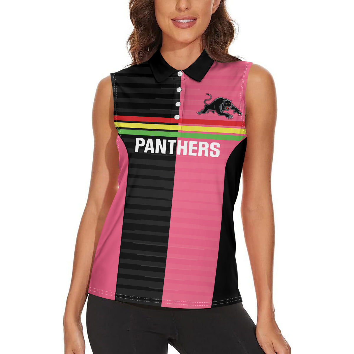 Custom Panthers Rugby Women Sleeveless Polo Shirt Black Pink Color Sporty Style