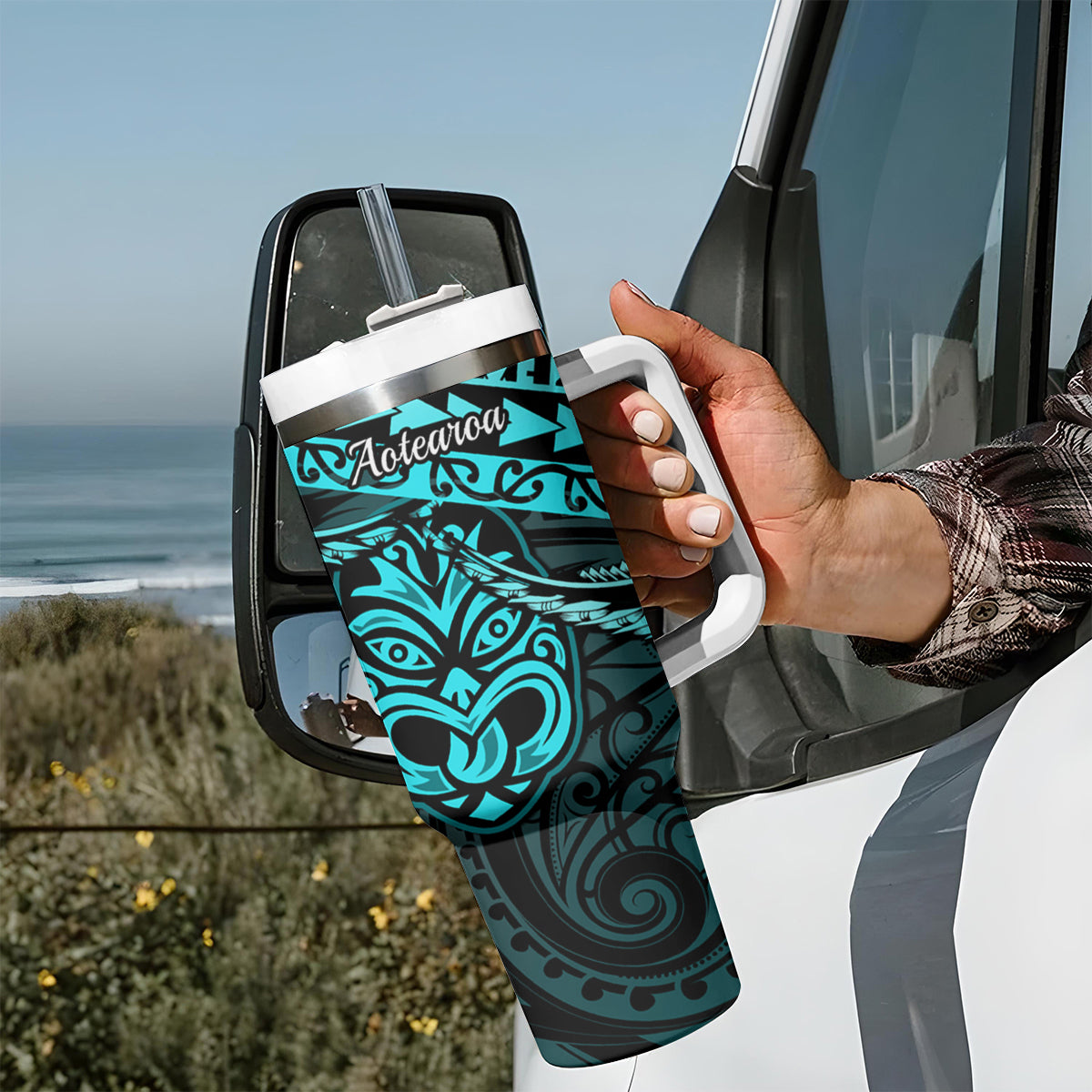 Matariki New Zealand Tumbler With Handle Maori New Year Tiki Turquoise Version
