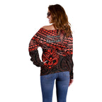 Matariki New Zealand Off Shoulder Sweater Maori New Year Tiki Red Version LT14