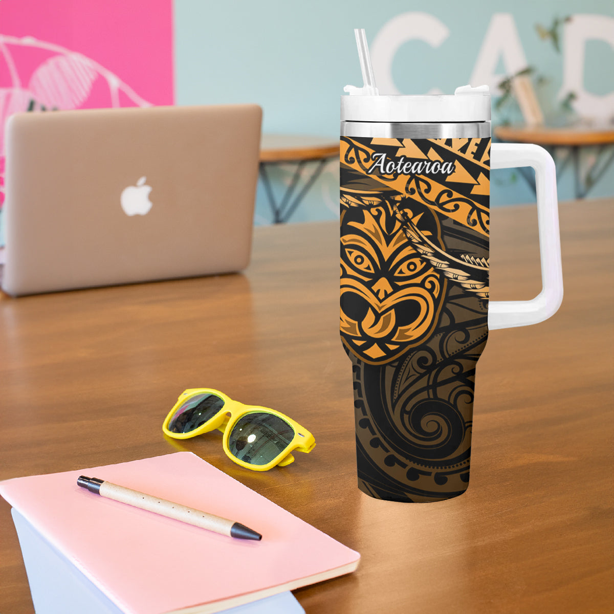 Matariki New Zealand Tumbler With Handle Maori New Year Tiki Gold Version