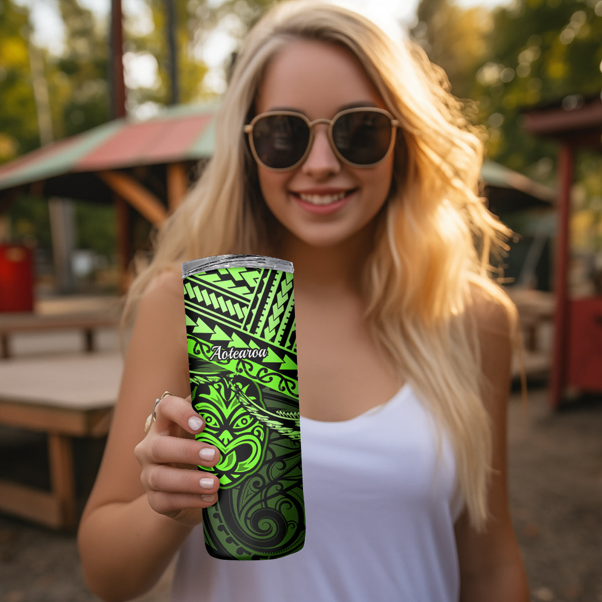 Matariki New Zealand Skinny Tumbler Maori New Year Tiki Green Version