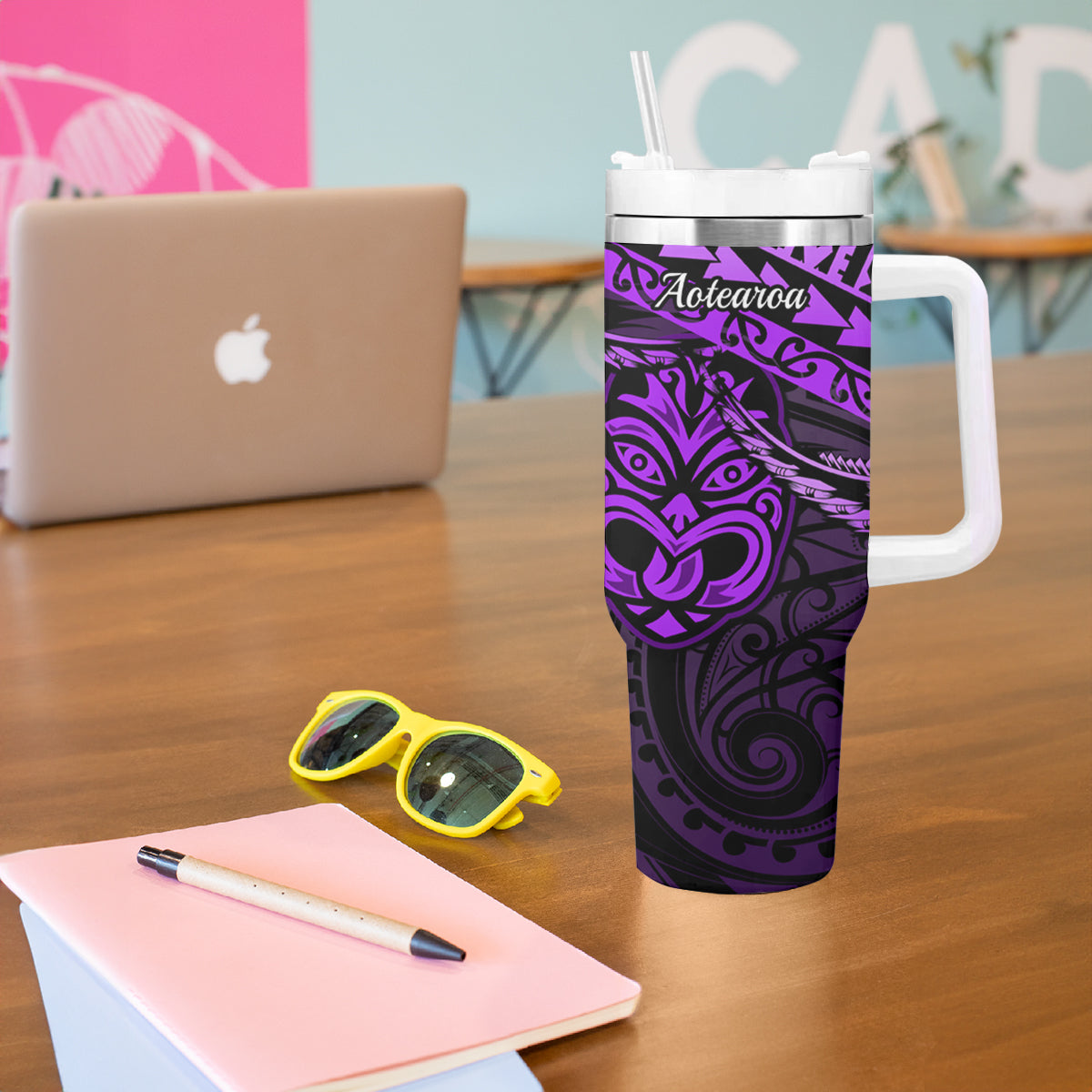 Matariki New Zealand Tumbler With Handle Maori New Year Tiki Purple Version