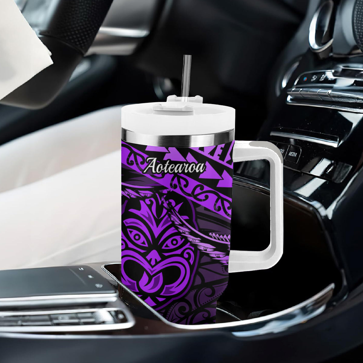 Matariki New Zealand Tumbler With Handle Maori New Year Tiki Purple Version