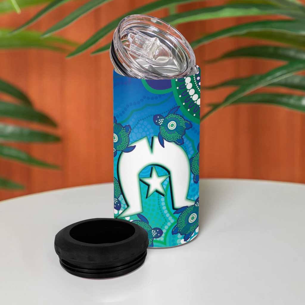 Torres Strait Islanders Flag Day 4 in 1 Can Cooler Tumbler Dhari With Turtles Aboriginal Art