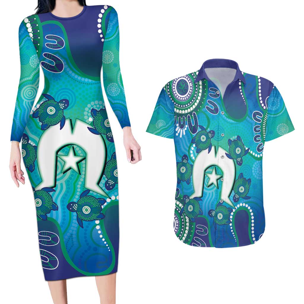 Torres Strait Islanders Flag Day Couples Matching Long Sleeve Bodycon Dress and Hawaiian Shirt Dhari With Turtles Aboriginal Art