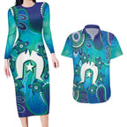 Torres Strait Islanders Flag Day Couples Matching Long Sleeve Bodycon Dress and Hawaiian Shirt Dhari With Turtles Aboriginal Art