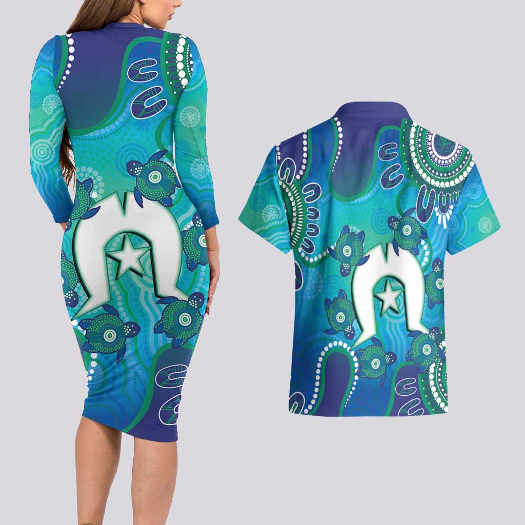 Torres Strait Islanders Flag Day Couples Matching Long Sleeve Bodycon Dress and Hawaiian Shirt Dhari With Turtles Aboriginal Art