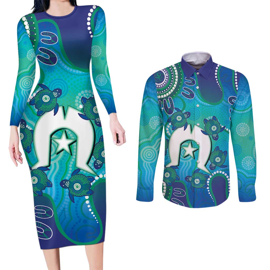 Torres Strait Islanders Flag Day Couples Matching Long Sleeve Bodycon Dress and Long Sleeve Button Shirt Dhari With Turtles Aboriginal Art