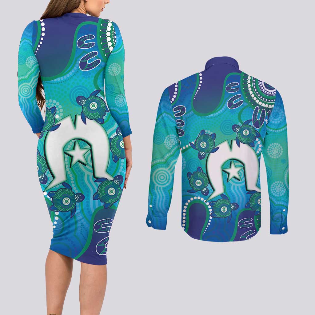 Torres Strait Islanders Flag Day Couples Matching Long Sleeve Bodycon Dress and Long Sleeve Button Shirt Dhari With Turtles Aboriginal Art
