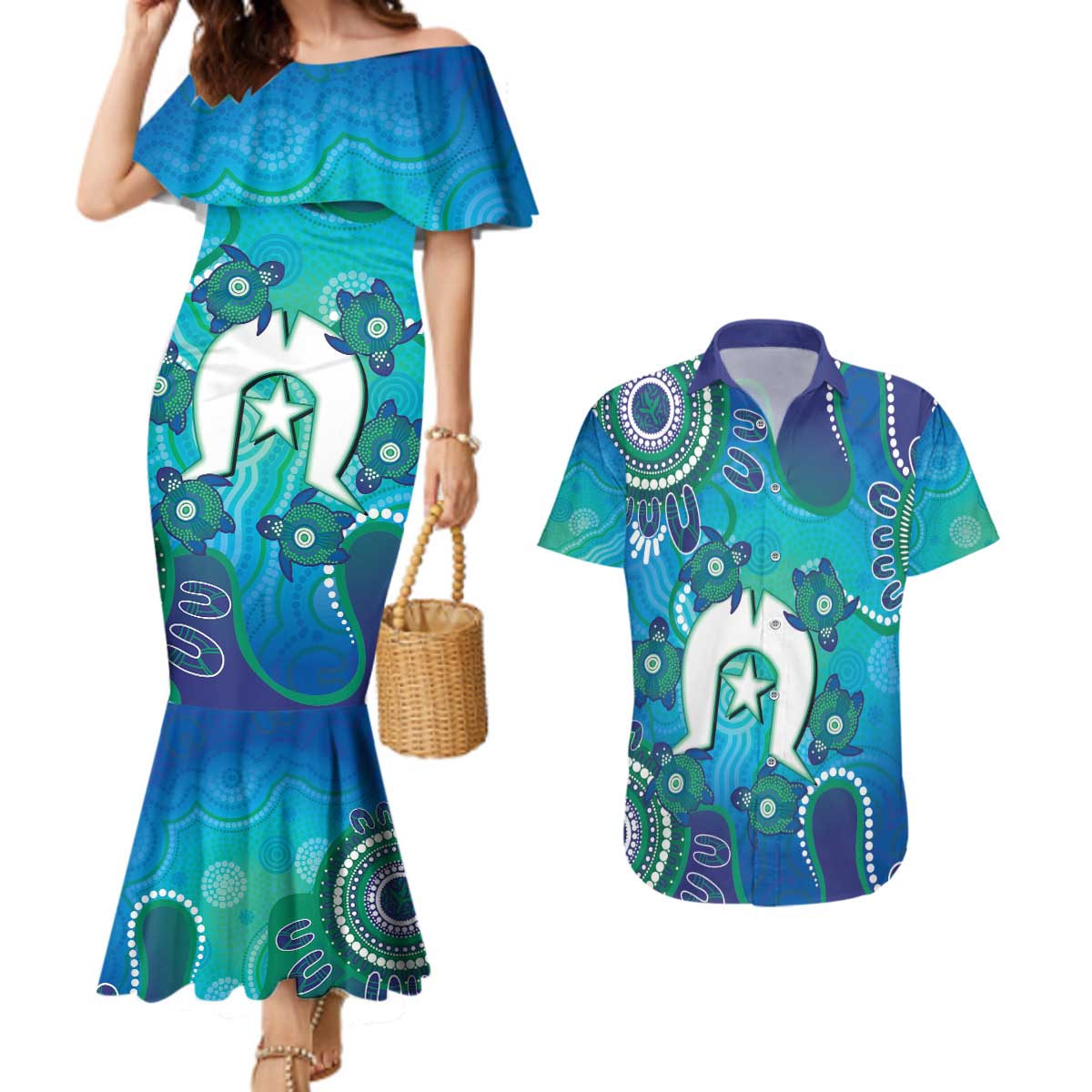 Torres Strait Islanders Flag Day Couples Matching Mermaid Dress and Hawaiian Shirt Dhari With Turtles Aboriginal Art