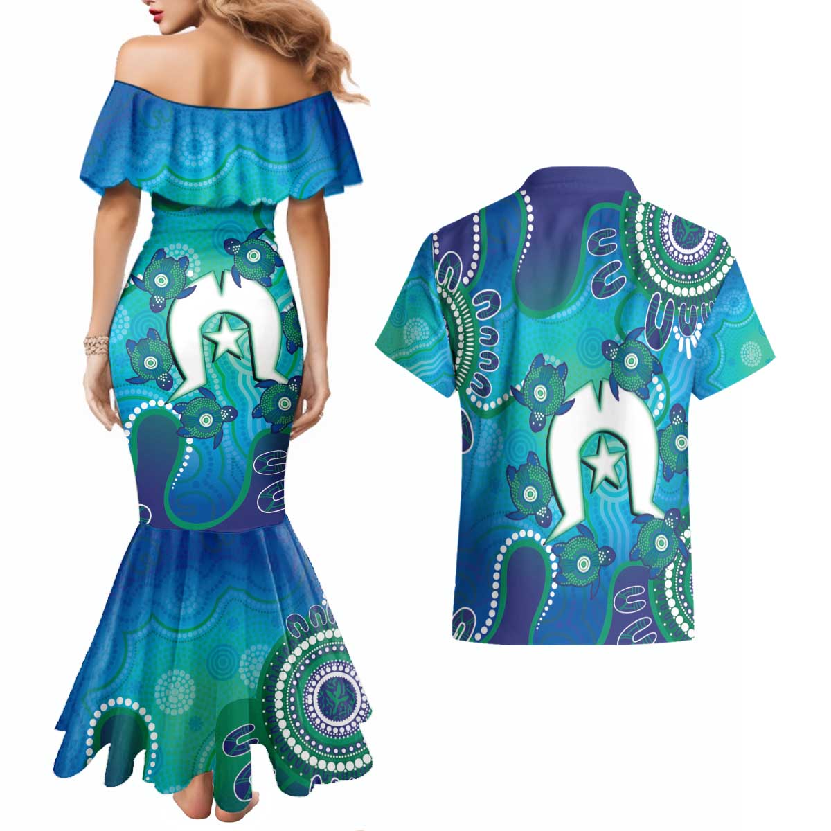 Torres Strait Islanders Flag Day Couples Matching Mermaid Dress and Hawaiian Shirt Dhari With Turtles Aboriginal Art