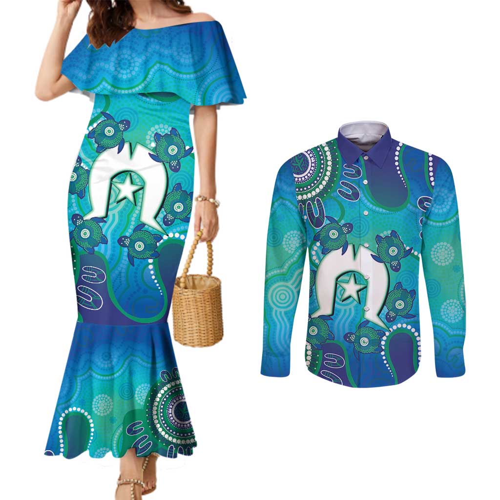 Torres Strait Islanders Flag Day Couples Matching Mermaid Dress and Long Sleeve Button Shirt Dhari With Turtles Aboriginal Art