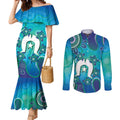 Torres Strait Islanders Flag Day Couples Matching Mermaid Dress and Long Sleeve Button Shirt Dhari With Turtles Aboriginal Art