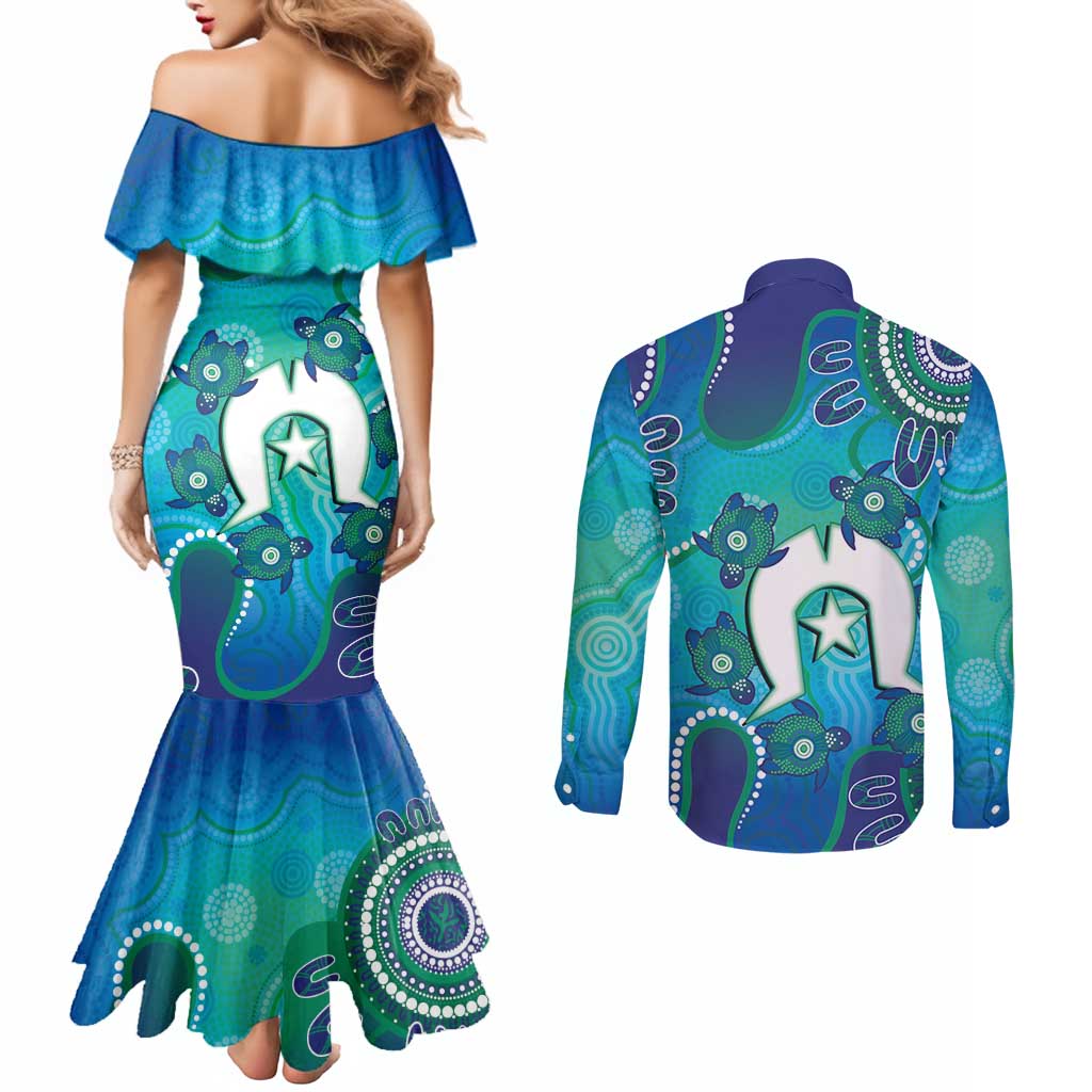 Torres Strait Islanders Flag Day Couples Matching Mermaid Dress and Long Sleeve Button Shirt Dhari With Turtles Aboriginal Art