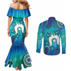 Torres Strait Islanders Flag Day Couples Matching Mermaid Dress and Long Sleeve Button Shirt Dhari With Turtles Aboriginal Art