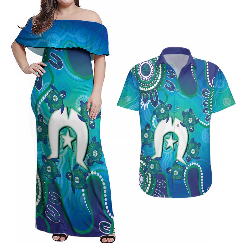 Torres Strait Islanders Flag Day Couples Matching Off Shoulder Maxi Dress and Hawaiian Shirt Dhari With Turtles Aboriginal Art