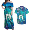 Torres Strait Islanders Flag Day Couples Matching Off Shoulder Maxi Dress and Hawaiian Shirt Dhari With Turtles Aboriginal Art