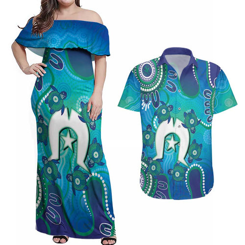 Torres Strait Islanders Flag Day Couples Matching Off Shoulder Maxi Dress and Hawaiian Shirt Dhari With Turtles Aboriginal Art