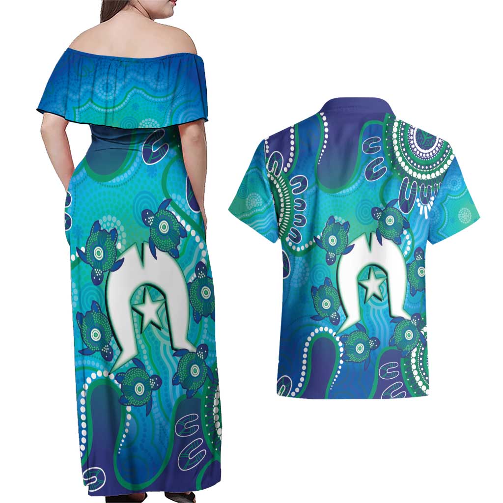 Torres Strait Islanders Flag Day Couples Matching Off Shoulder Maxi Dress and Hawaiian Shirt Dhari With Turtles Aboriginal Art
