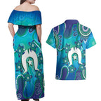 Torres Strait Islanders Flag Day Couples Matching Off Shoulder Maxi Dress and Hawaiian Shirt Dhari With Turtles Aboriginal Art