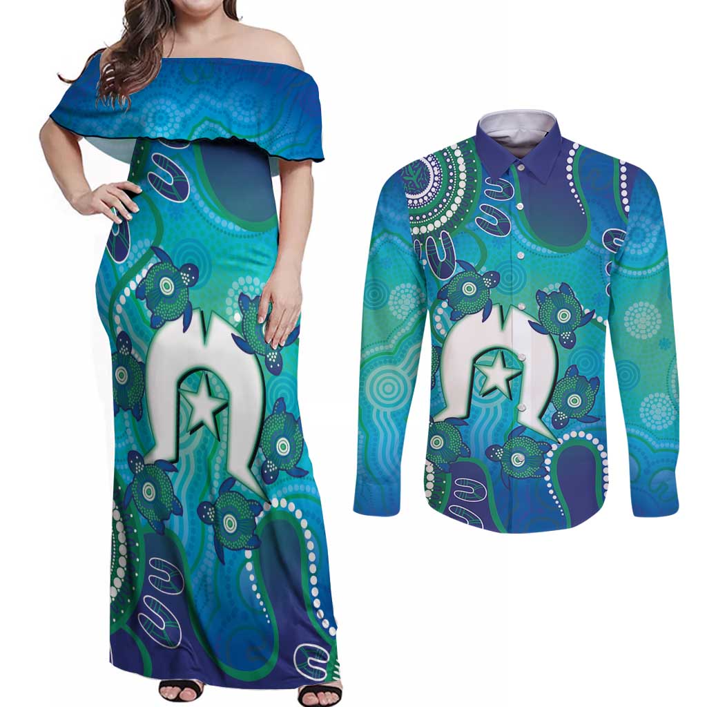 Torres Strait Islanders Flag Day Couples Matching Off Shoulder Maxi Dress and Long Sleeve Button Shirt Dhari With Turtles Aboriginal Art