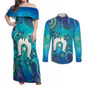 Torres Strait Islanders Flag Day Couples Matching Off Shoulder Maxi Dress and Long Sleeve Button Shirt Dhari With Turtles Aboriginal Art