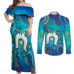 Torres Strait Islanders Flag Day Couples Matching Off Shoulder Maxi Dress and Long Sleeve Button Shirt Dhari With Turtles Aboriginal Art